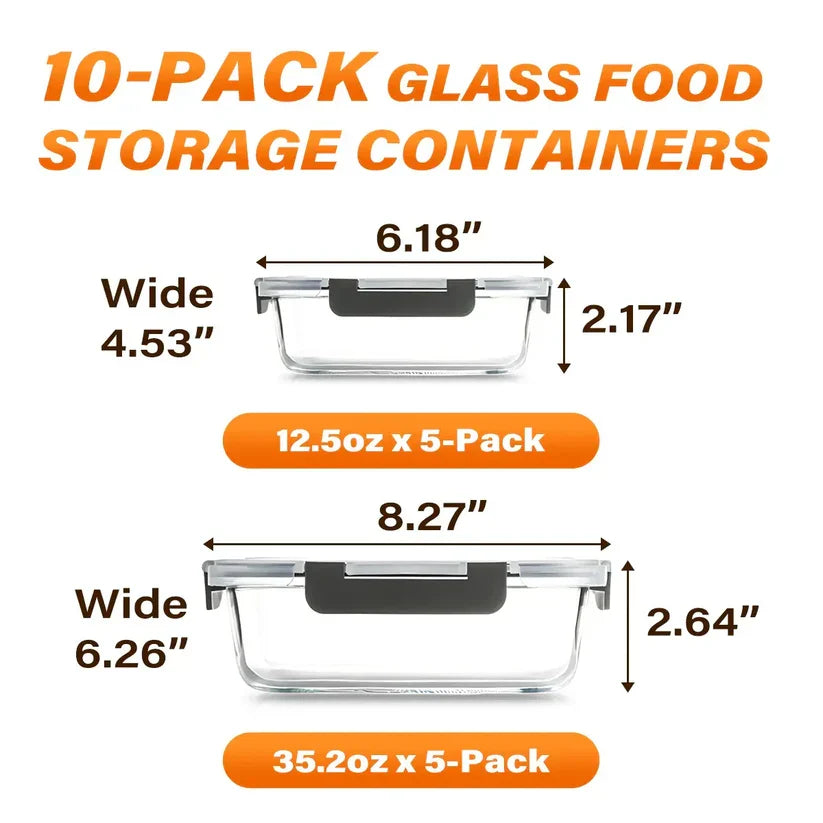 10 Pack BPA-Free GlassFood Storage ContainersLeak Proof Lids