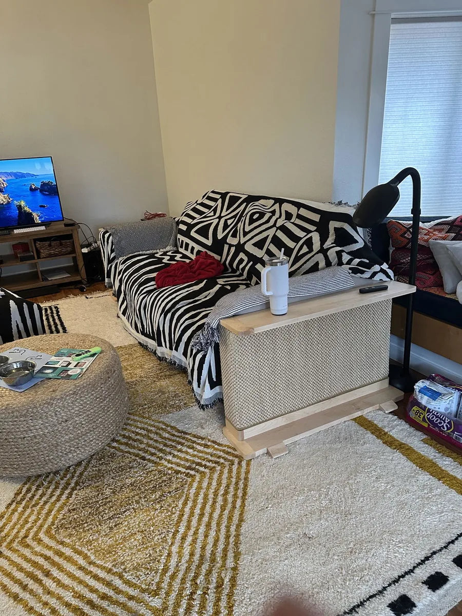 Customer living room with Cat-e-Corner beside a sofa
