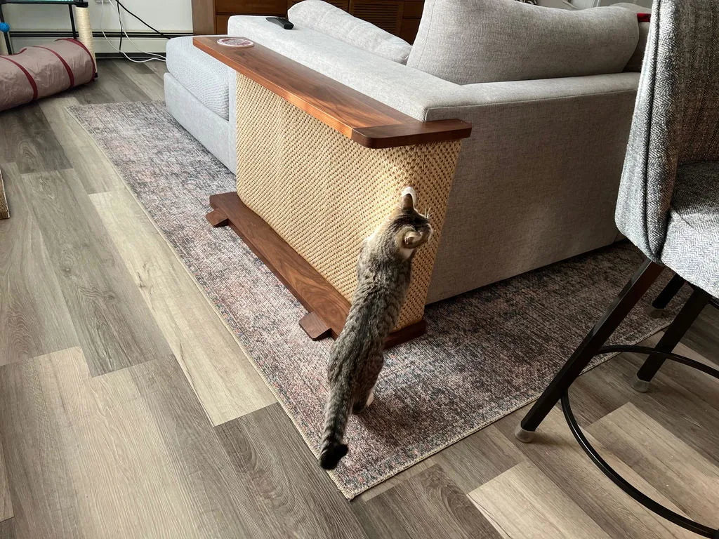Customer cat stretching up to scratch Cat-e-Corner beside the sofa