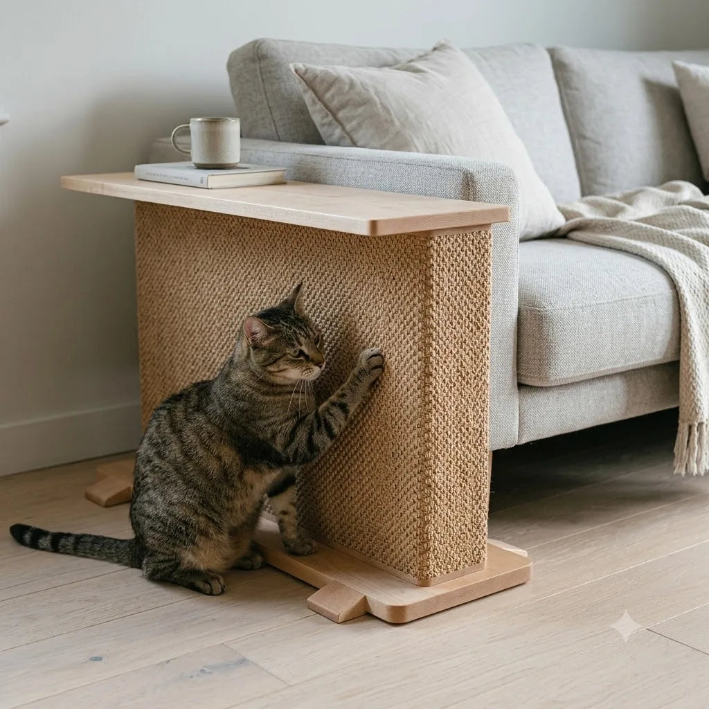 Cat using Cat-e-Corner in a bright living room