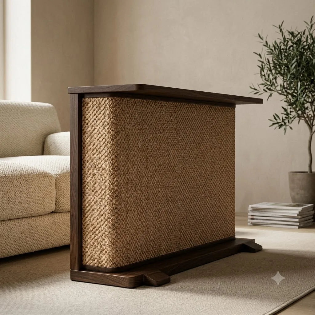 Walnut Cat-e-Corner styled beside a sofa in a warm living room